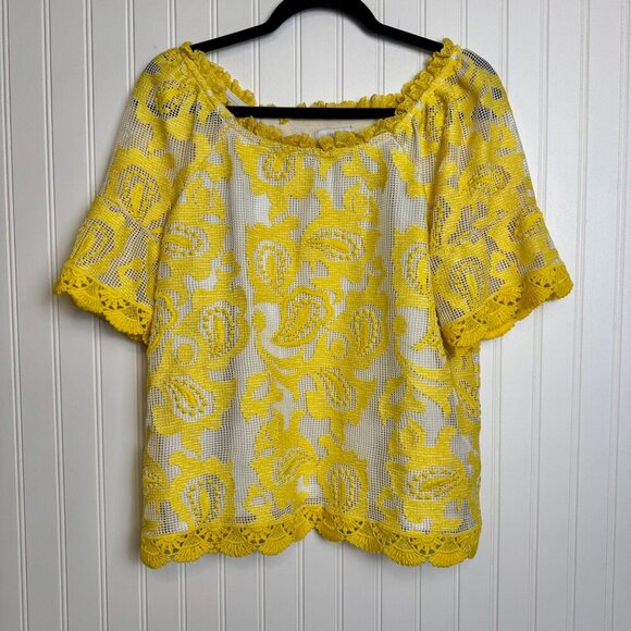 Charter Club yellow lace overlay off shoulder blouse size small I3 - Picture 2 of 9